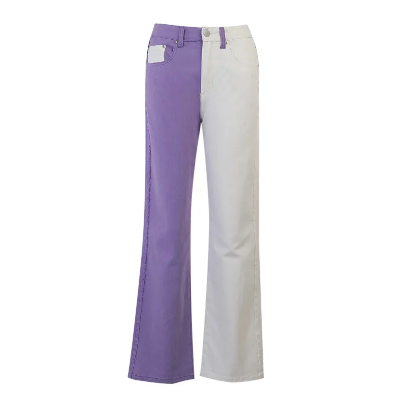 Street Leisure Trousers Contrast Exterior Jeans High Waist Color Matching Tubing Straight Pants