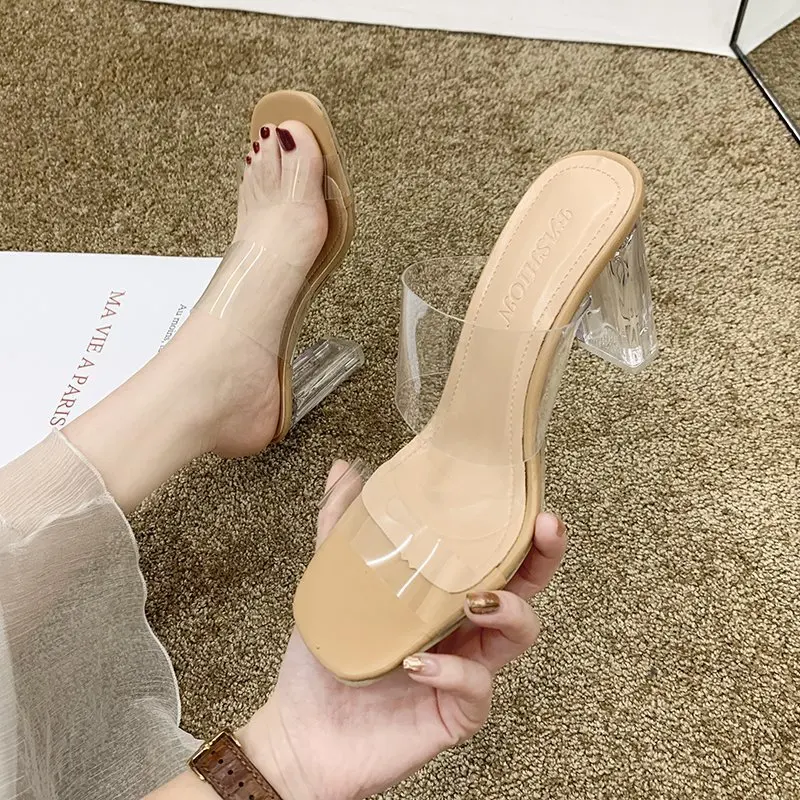 High Heels New Sexy Back Empty Square Open Toe Transparent Slippers In-Line Straps High-Heeled Sandals For Women