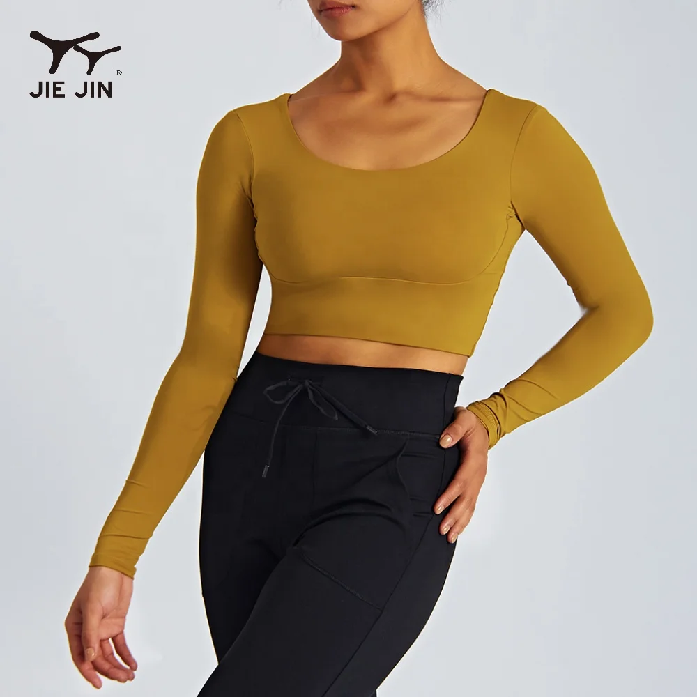JIEJIN Designer Apparel Yoga Wear Outfits Sports Workout Cross Back Long Sleeve Crop Top Women Gym T Shirt