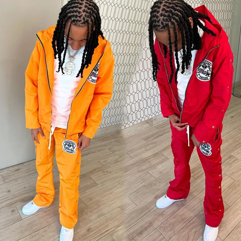 Custom Button Made Mens  Set Zip Up Polyester Nylon  Jacket Pants Two Piece Windbreaker Short Set Men Sweatsuit Tracksuit