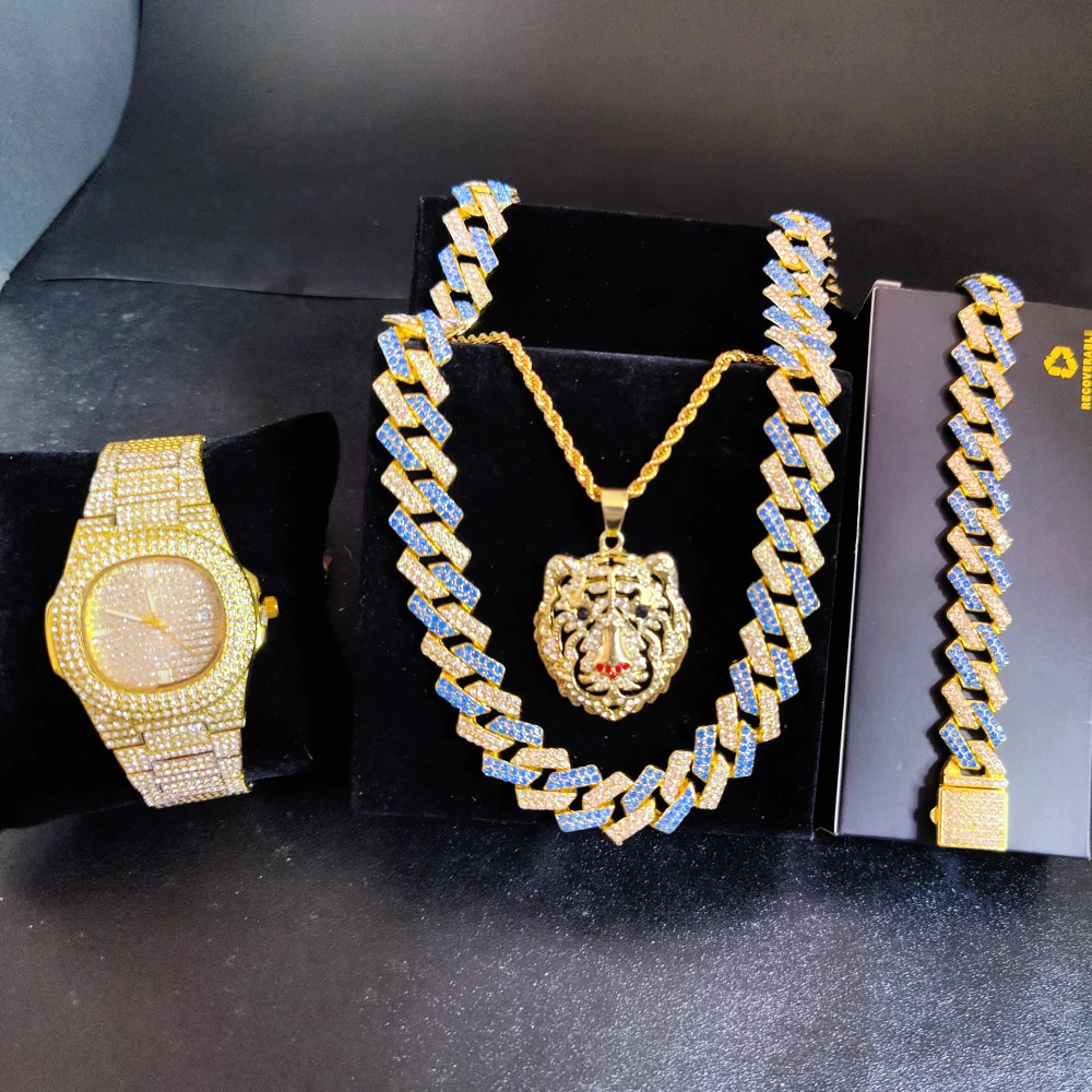 Hip Hop watch+Bracelet+Necklace+pendant Set Full Diamond Lion Head Pendant Necklace jewelry sets iced out watch for men gifts