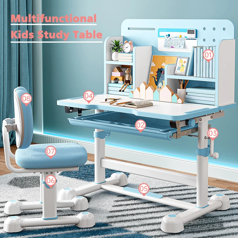 Children Large Storage Functional Study Table with Bookshelf Kids Learning Desk and Chair Set