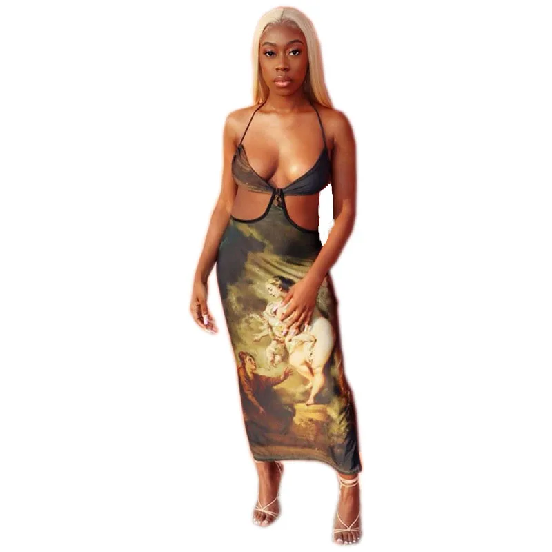 
New Summer Sexy Suit Long Dresses Women Maxi Hollow Printing Designer Dress Women Dresses Casual 