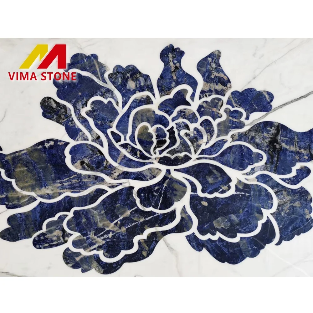 Natural blue marble waterjet medallion pattern design for interior lobby entrance corridor flooring tile villa home project