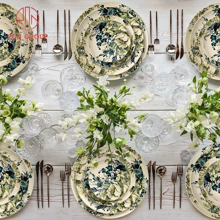 High Quality Popular Kitchen Plate with Growth Ring and Heart Pattern Ceramic Set Restaurant New Bone China Dishes Plates