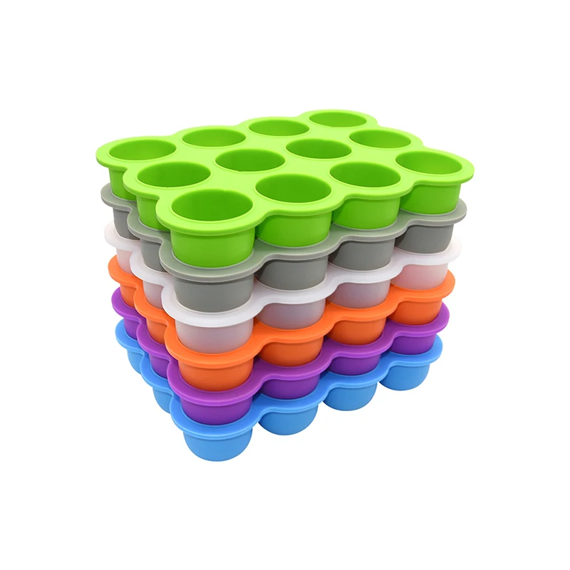 BHD Reusable BPA Free Homemade Food Storage Container Easy Release 12 Cup Silicone Baby Food Freezer Tray with Clip on Lid