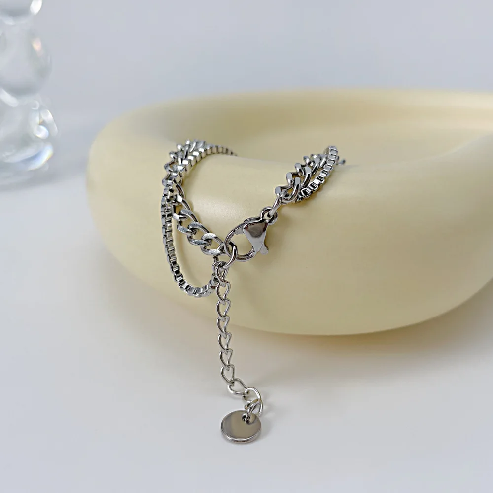 Fashionable titanium steel double chain bracelet, stainless steel long curved plate with customizable logo bracelet for women