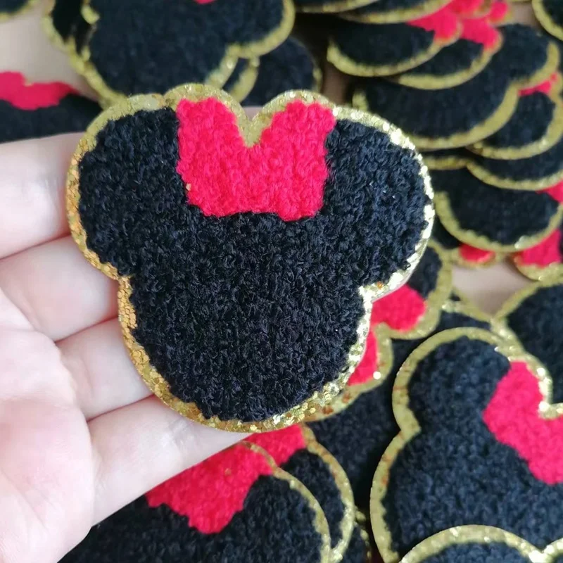 Fast Sent  Chenille Badges iron on Mouse Head  Patch with Bow  Mickey Chenille  Patches Embroidery Appliques For Decoration