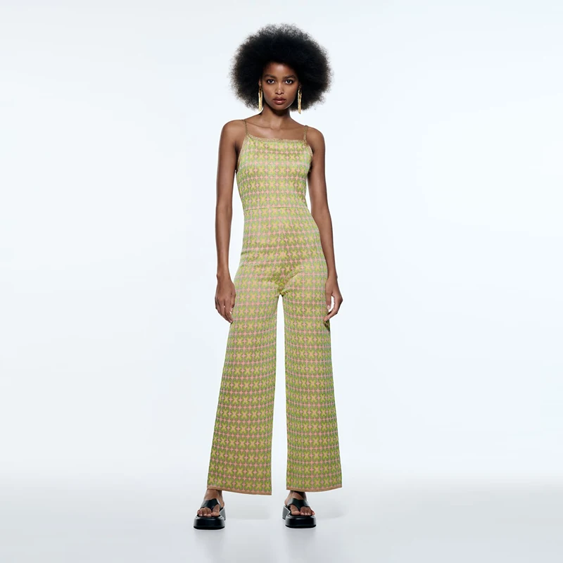 Custom Full Length Straight Neck Jumpsuit With Thin Straps Open Back Wide Leg Jacquard Knit Jumpsuit