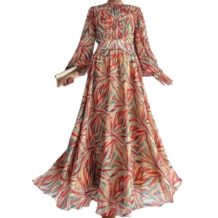 Middle East Muslim new abstract stand collar long elegant dress modest women Muslim robes jalabiya