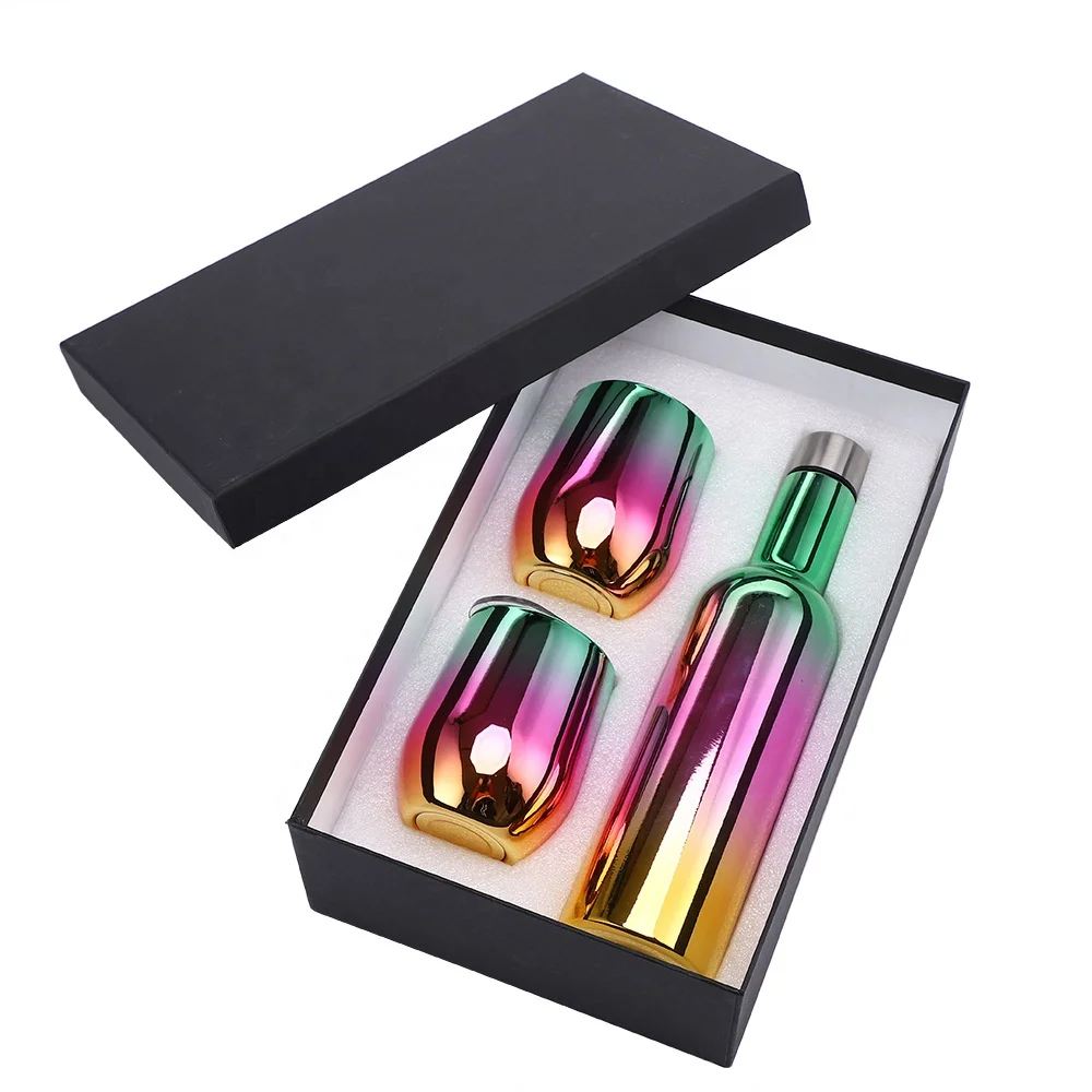 luxury insulated stainless steel wine tumbler chiller gift set with lid straw birthday 2*12oz tumbler 17oz wine bottle gift box