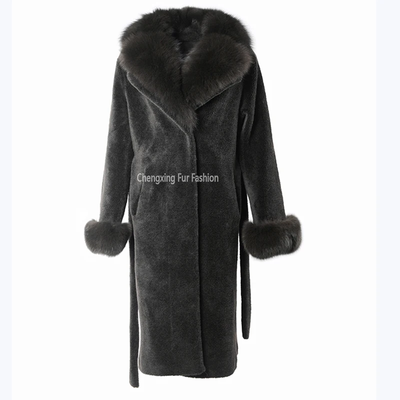 CX-G-T-74D Fox Fur Shawl Collar and Cuffs Decorative Warm Shearing Sheep Wool Jacket Winter Fur Coat