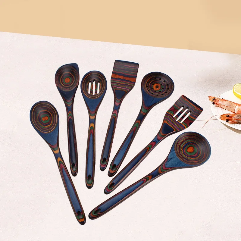 2022 New Nontoxic Rainbow Pakkawood Utensils Set colorful spurtle set wood Spatula 12 inch cooking spoon for home kitchen