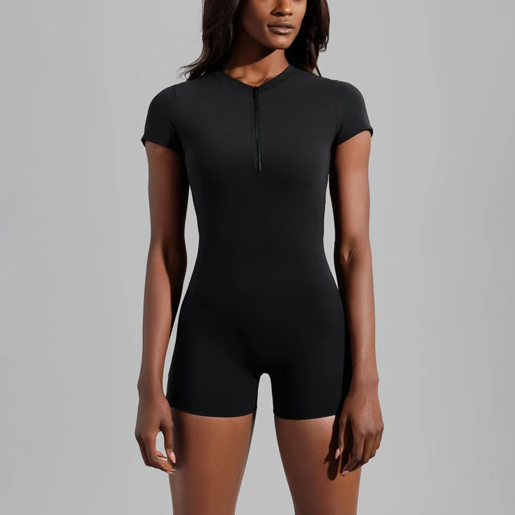 2022 New Arrivals Hip Hollow-out Beauty Back Women Rompers Short Solid Zipper Jumpsuit Short Sleeve Bodysuit