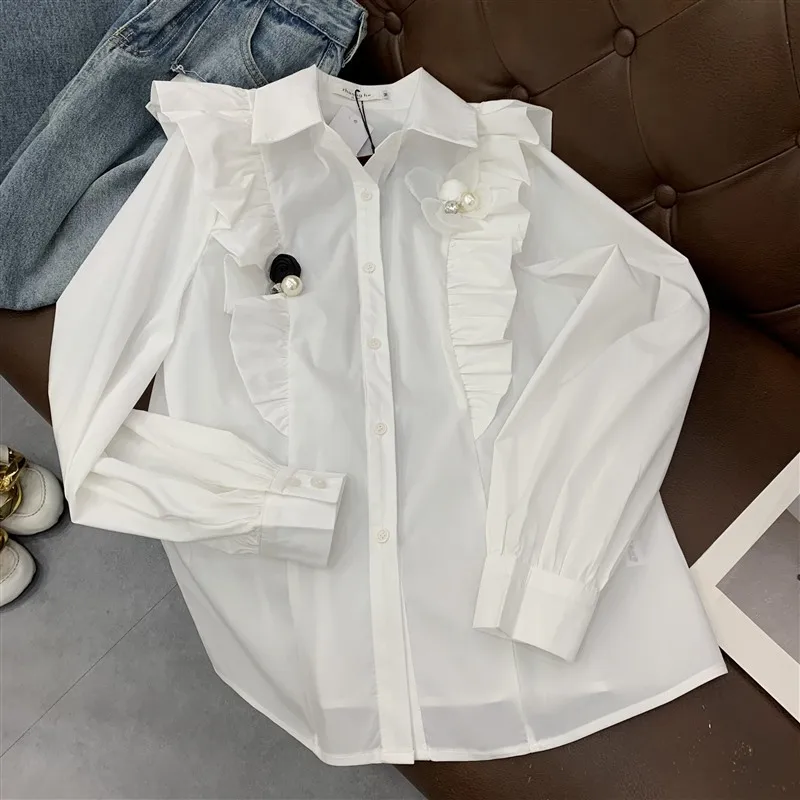 Girls Stylish Formal Preppy Shirts Kids Embroidered Pocket School Uniform Solid Long Sleeve Blouse Custom Tie