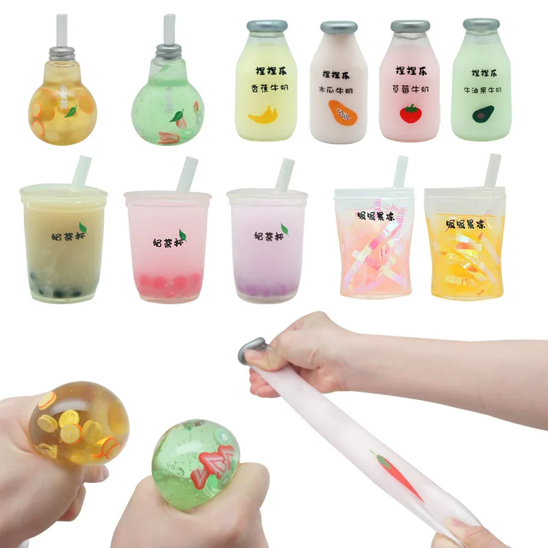 Wholesale cartoon relief milk tea cup pinch happy vent squeeze cute fruit cup TPR rebound student stress relief toy decoration