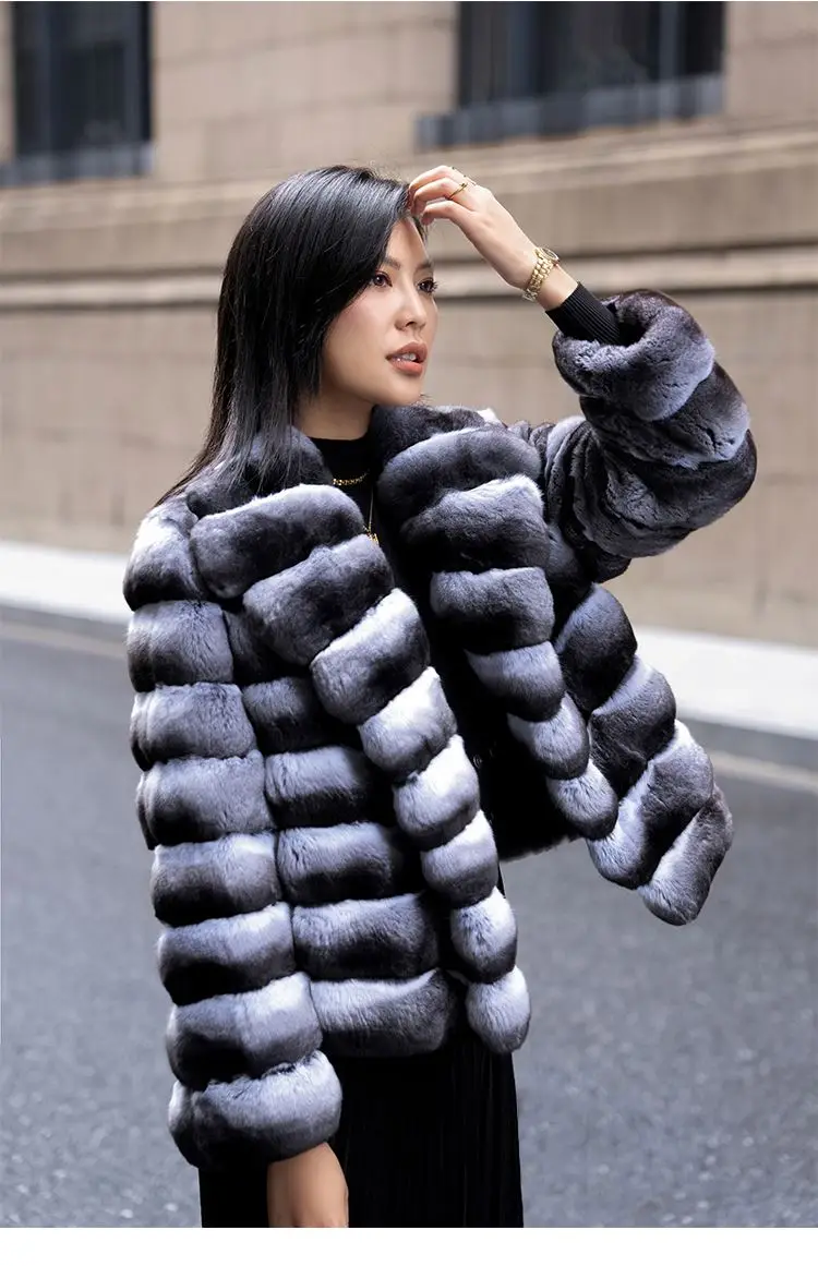 Factory Direct sales High Quality Chinchilla Color Genuine Chinchilla Skin Women Ladies Winter Fluffy Genuine Rabbit Fur Coats