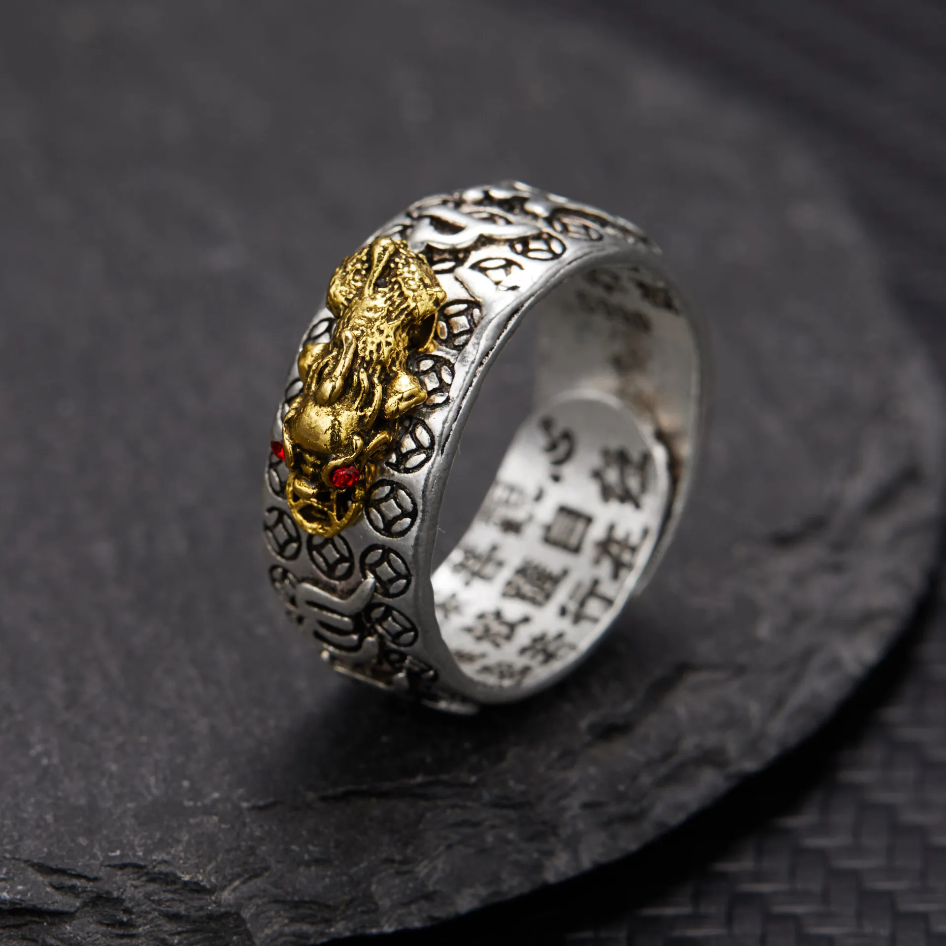 Antique Gold Silver Plated Amulet Pixiu Rings Chinese Feng Shui Wealth Lucky Sign Adjustable Open Pixiu Ring