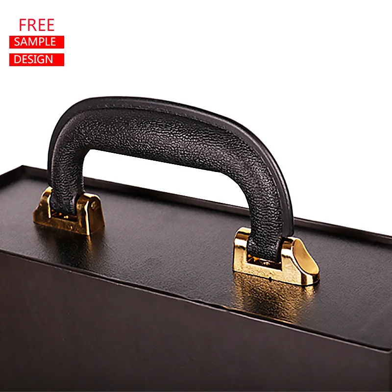 simple red wine bottle pack leather box magnetic paperboard 2 bottle black leather wine box for packing