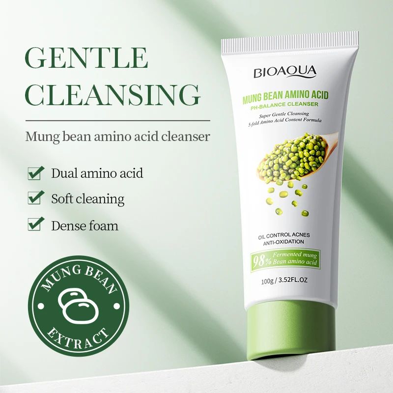 OEM BIOAQUA mung bean amino acid PH balancing skin care beauty oil control face wash facial cleanser skin care set