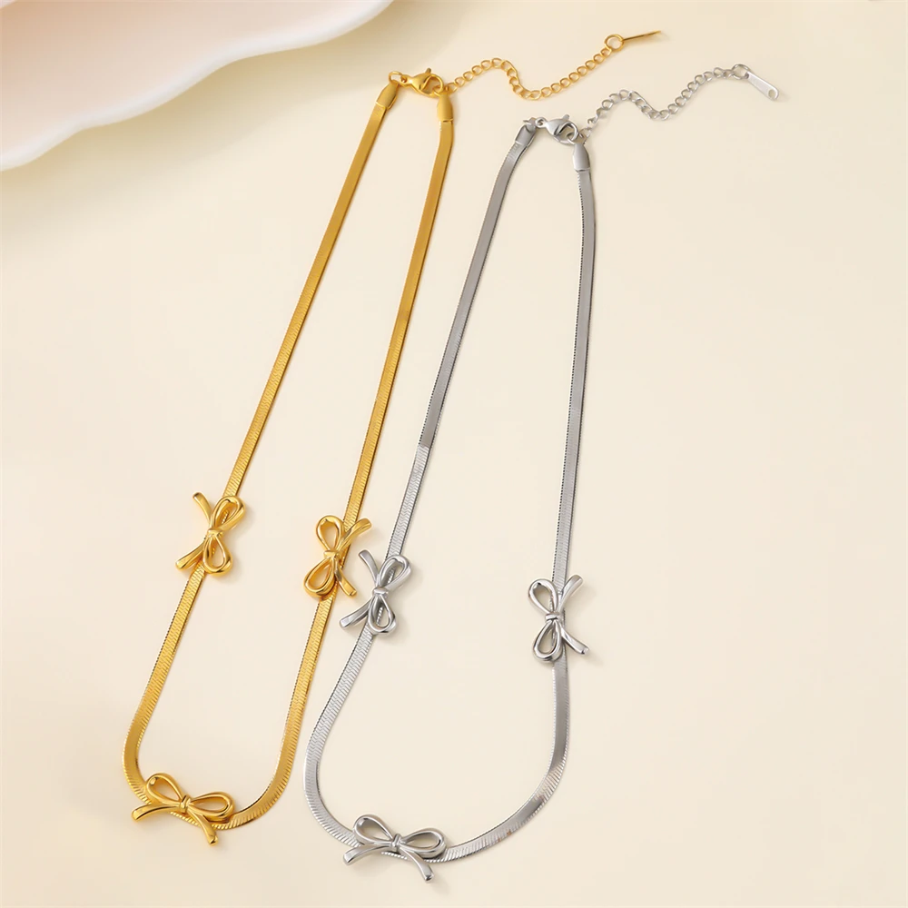 Sweat Resistant 316L Stainless Steel Snake Bone Non Fading 18K Gold PVD Coating Polished Bowknots Decorated Blade Chain Necklace