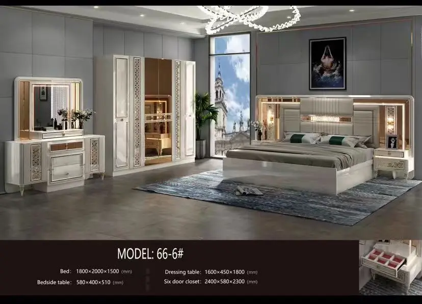 New Modern Luxury King Size Bed MDF Lighted Headboard Suite 6 Door Wardrobe Full Set Wooden Bedroom Furniture