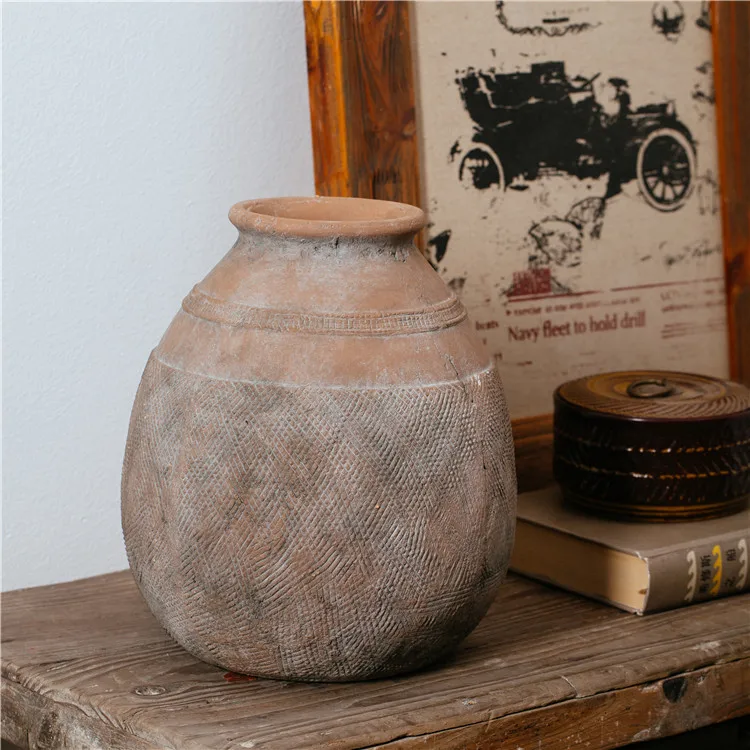 Vintage rough design pastoral rustic round jar flower vase decorative home table terracotta vase antique vases