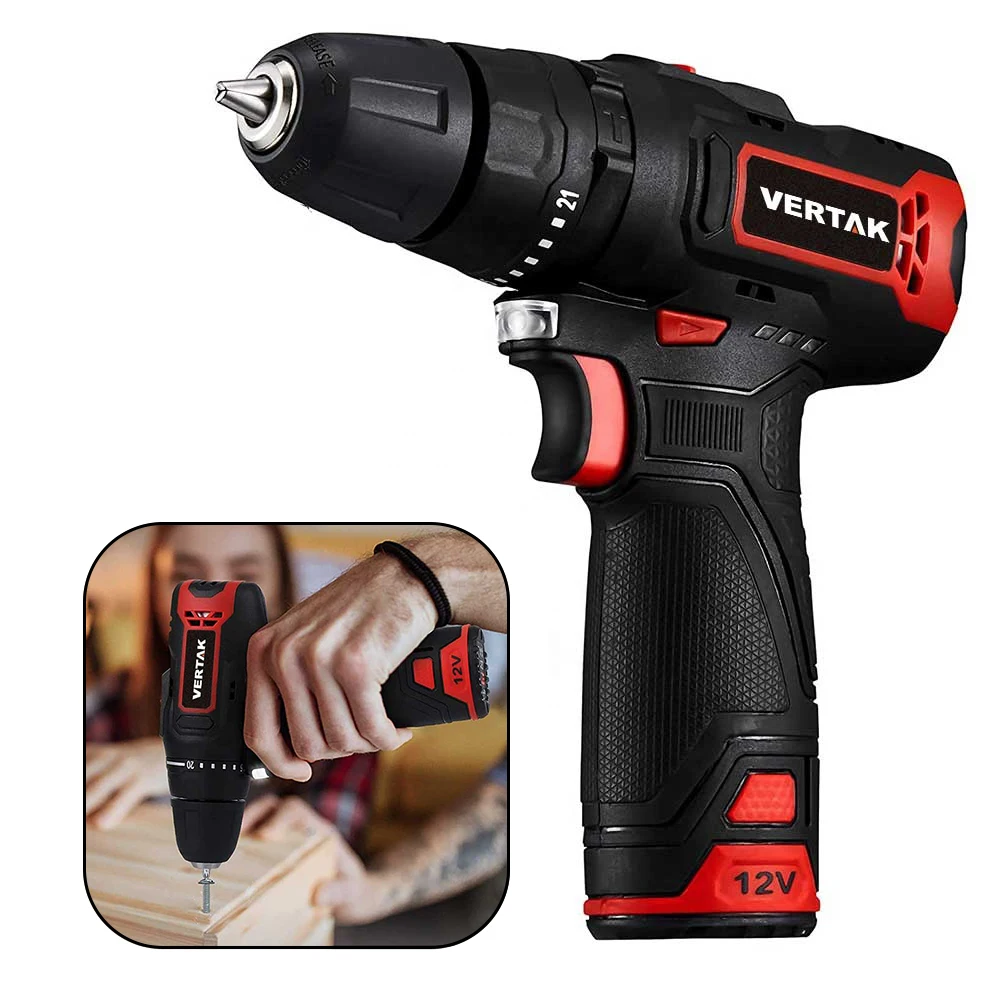 Vertak 12V Mini Cordless Drill Machine 1300rpm 10mm Chuck Size Brushless Soft Grip Handle Industrial DIY Tool Use OEM Supported