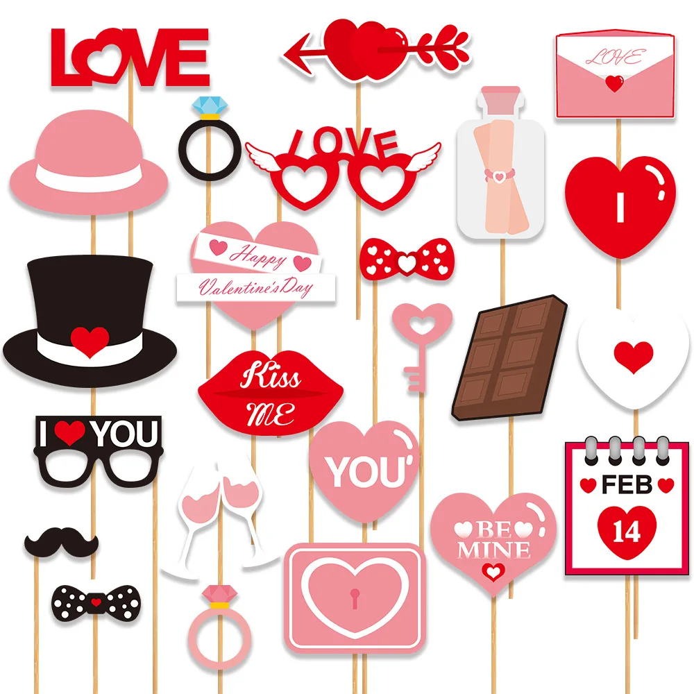 New Style Factory Sales Love Theme 25 PCS Pink Party Decoration Props Fashionable Photo Booth Props Valentine`s Day Paper Decors