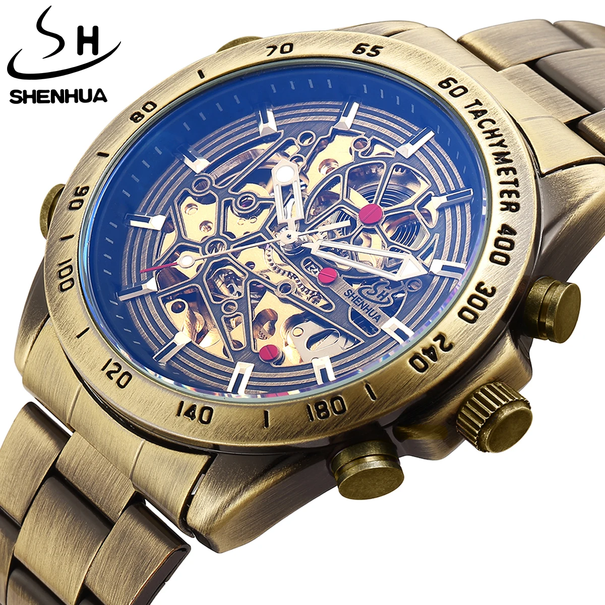 SHENHUA 2021 Steampunk Design Mens Bronze Watches Top Brand Luxury Automatic Mechanical  Wrist Watch Blue Glass