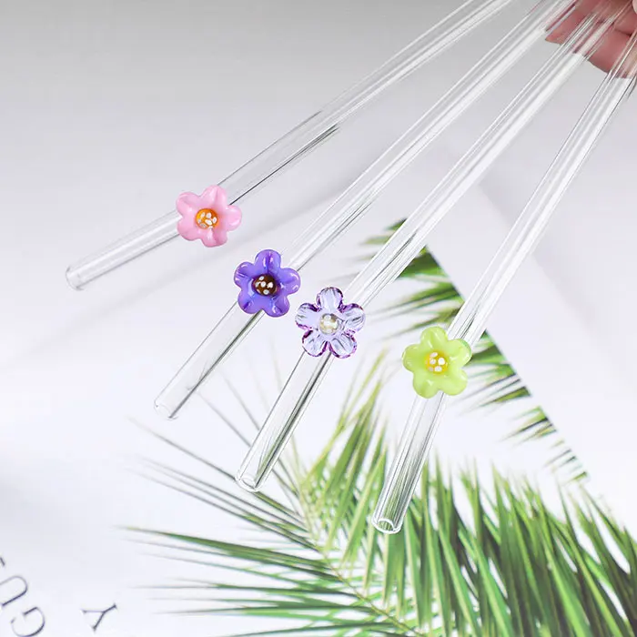 Manufacturer Custom Reusable Bent Glass Drinking Smoothie Straws Cute Glass Straws With Flower Cherry Blossom Glass Straws