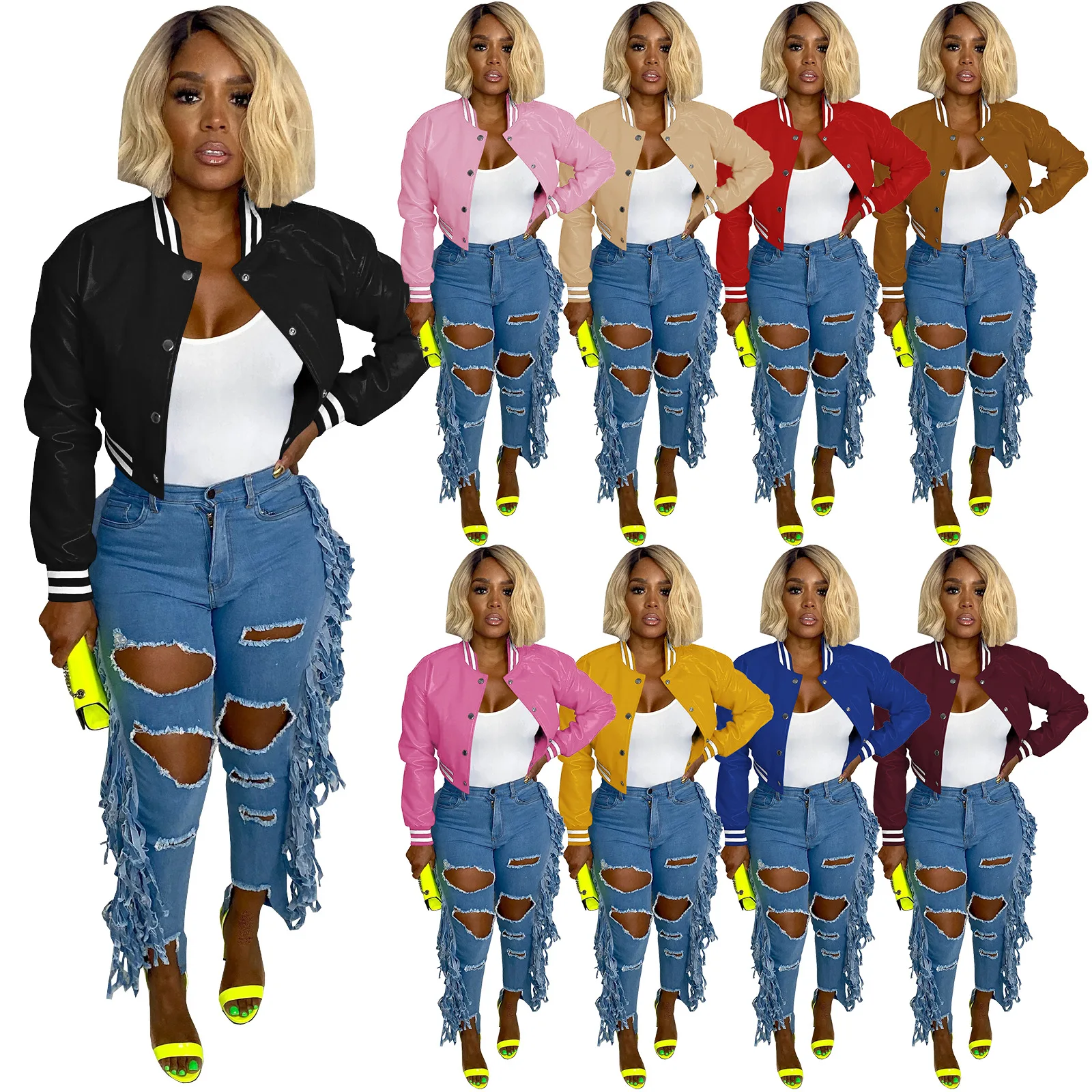 Мотоциклетная куртка из искусственной кожи Pu для осенне-зимнего сезона, в стиле укороченный пальто для женщин в полоску с длинными рукавами и кожаная короткая куртка