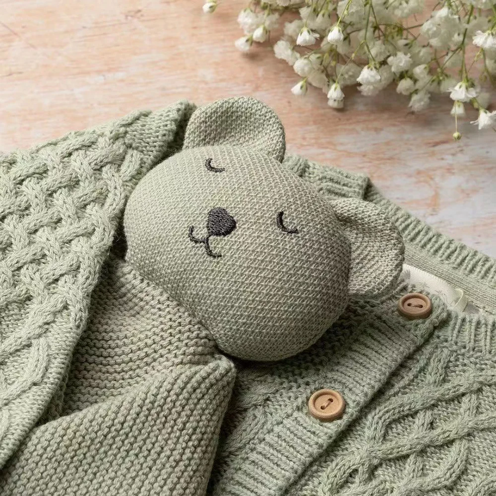 Ins hot sale soft 100% organic cotton bunny bear animal knitted baby comforter security blanket for newborn