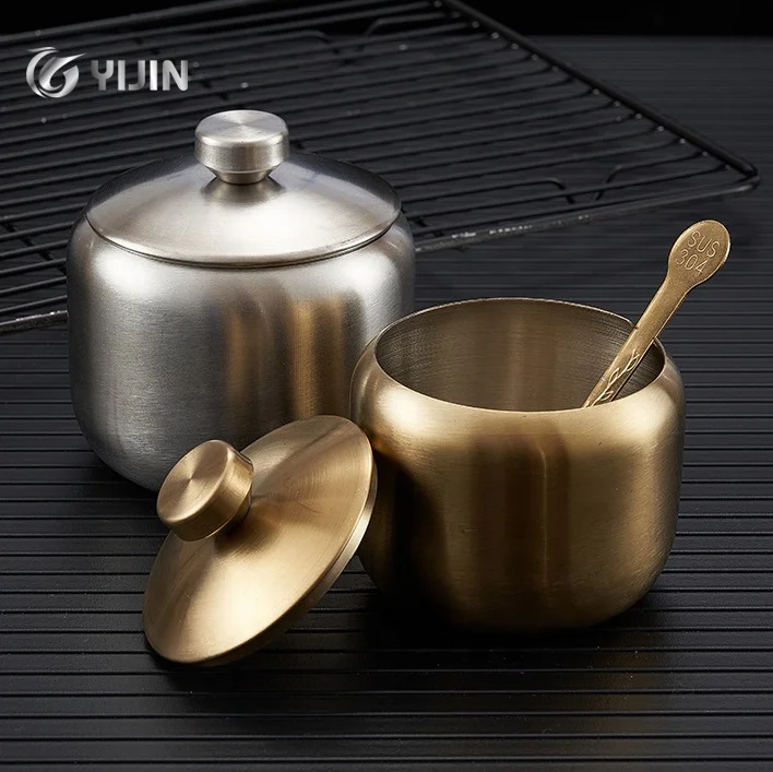 Stainless steel 304 pepper sugar salt spice metal condiment container seasoning jar with spoon