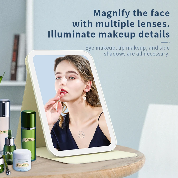 Unbreakable Stainless Steel Rectangular Tiny Pu Frame Handheld Pocket Makeup Mirror With Led Light