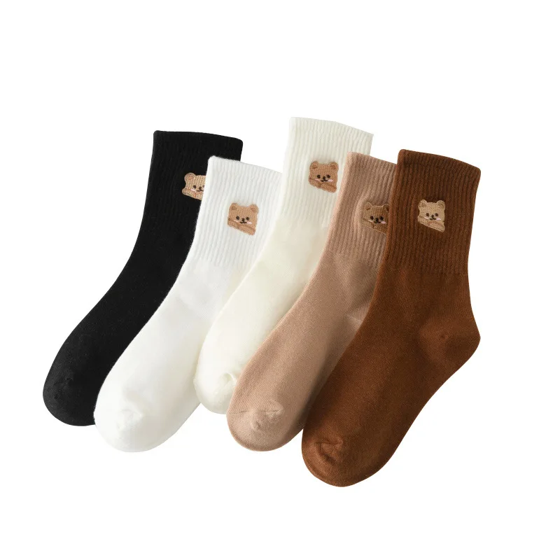 Bear embroidered cartoon socks for women autumn and winter