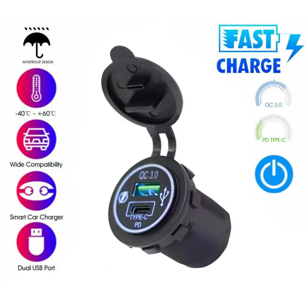 12V/24V Car USB Charger Socket PD Type C + QC 3.0 Power Outlet with Spring Cover Dual Ports Fast Charging for Motorcycle ATV RV