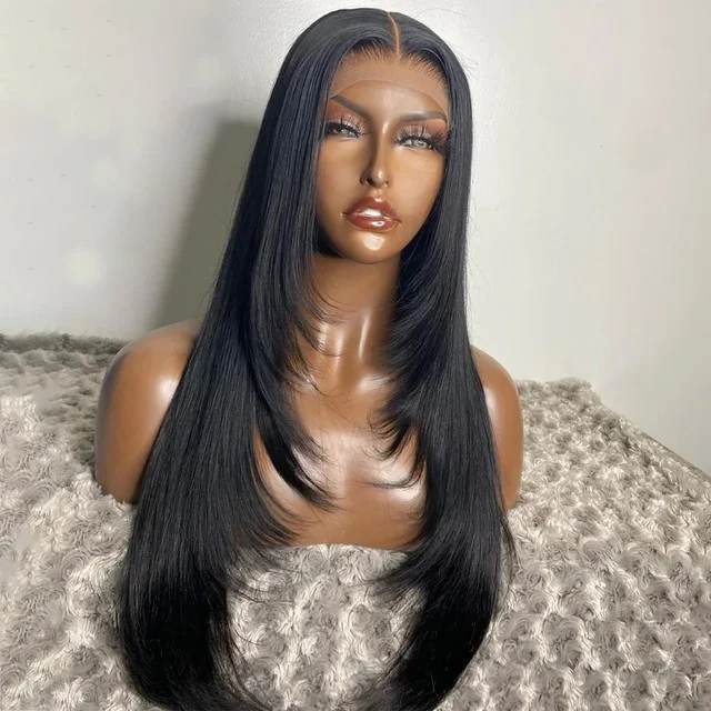 Silk Straight 5*5 Lace Closure Front Wigs Layered Cut Lace Wig Glueless Black Butterfly Haircut Wigs 100% Human Hair For Women