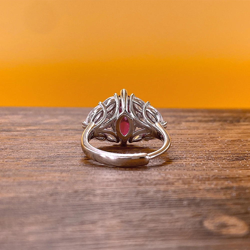 Fine Jewelry 925 Silver Gold Plated Lab Grown Ruby Rings for Women Marquise Cut Red Ruby Cocktail Ring