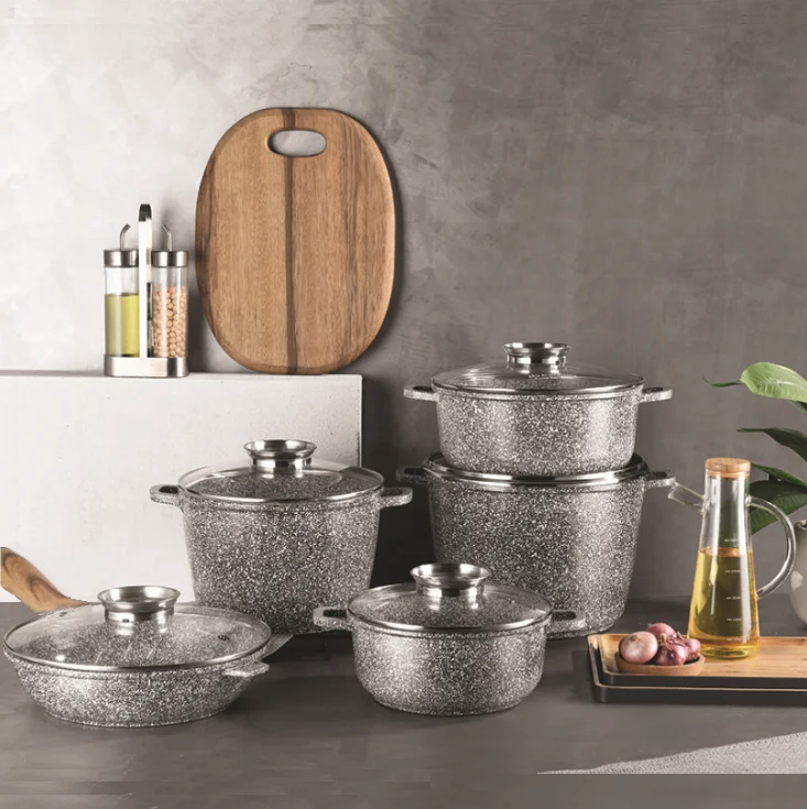 yongkang factory cheaper price high quality 10pcs aluminium casserole pot cookware set with ceramic marble snow coating