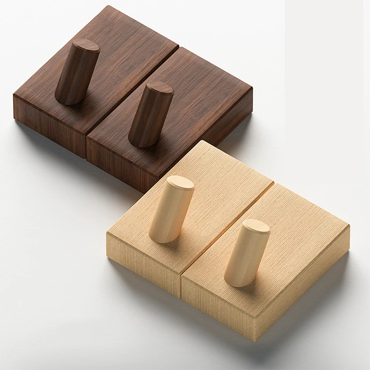 Wholesales Simple Design Wood Wall Mount Hook Coat Hanger Hook Rack Self-adhesive Solid Wood Hooks for Hat Bag Clothes Key