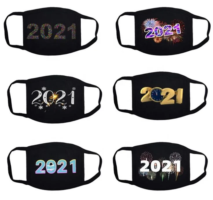 
2021 Happy new year facemask trend printed cotton cloth black maskes with customize logo design maskes 