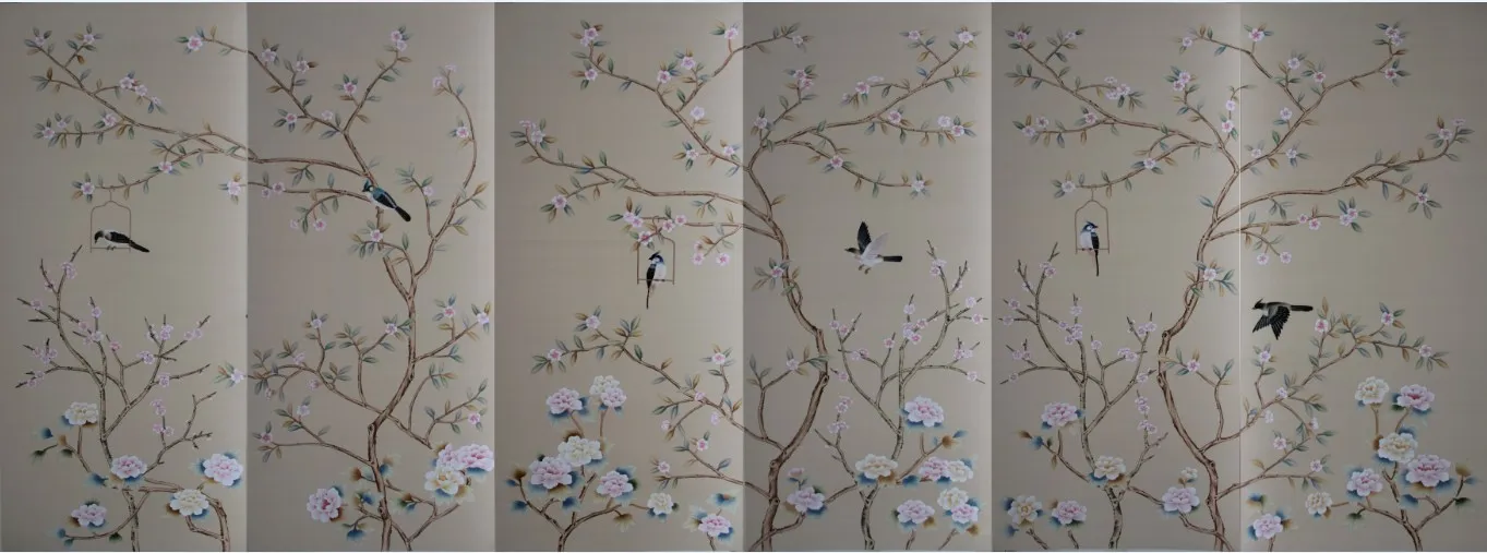 Luxury Interior Wall Decor Floral Long Tail Bird Design Silk Chinoiserie Handpainted Wallpaper