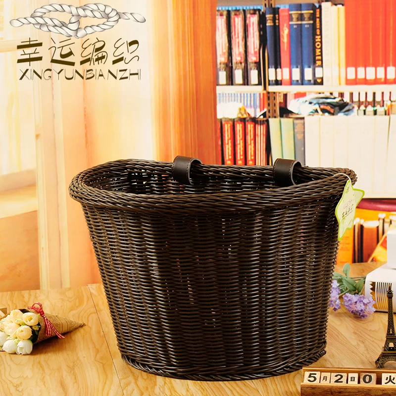 Factory wholesale PP rattan e-bike basket plastic adult bike basket front handlebar basket with straps