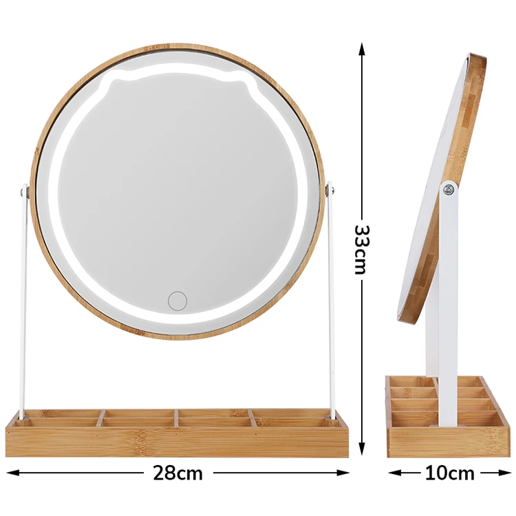 custom personality smart tabletop dressing mirror circle brown make up mirrors lighted with led light up stand bluetooth