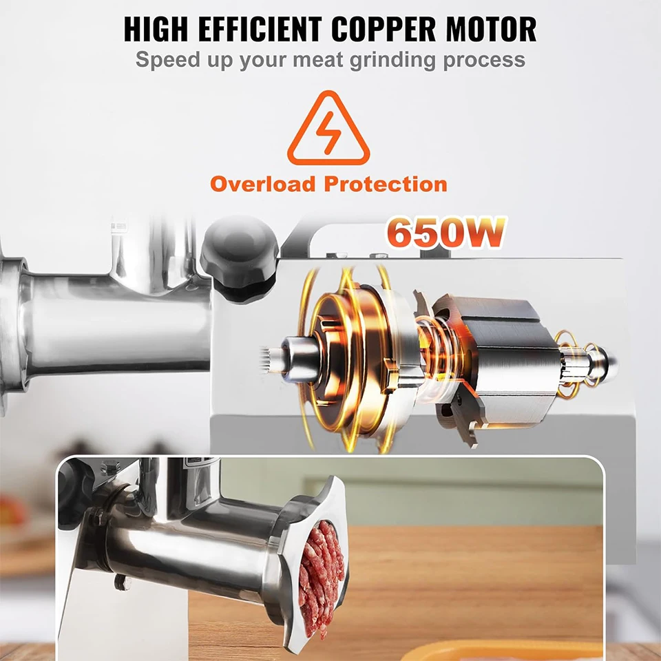 TC8-2 Electric Meat Grinder 650w Heavy Duty S.steel Meat Mincer Machine, Sausage Stuffer Tubes Kubbe Attachments