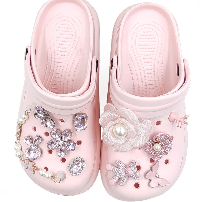 Pink Girl Heart DIY Hole Shoes Accessory Set Flower Bear Rhinestone Buckle