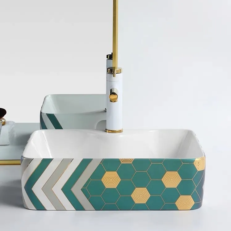 Stripe design Chaozhou ceramic art countertop porcelain wash basin bowl black and blue bathroom sink flower shape