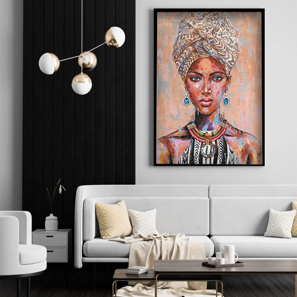 Artree Hot Sales African Lady Fashion Woman Portrait Oil Painting Home Art Print On Canvas Wall Art Handmade Painting Match Sofa