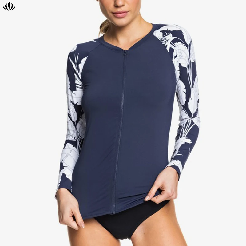 Top Women Wetsuits Long Sleeve Zip Up Slim Fit Diving Surf Jacket UPF 50 Printed Stretch Rashguard